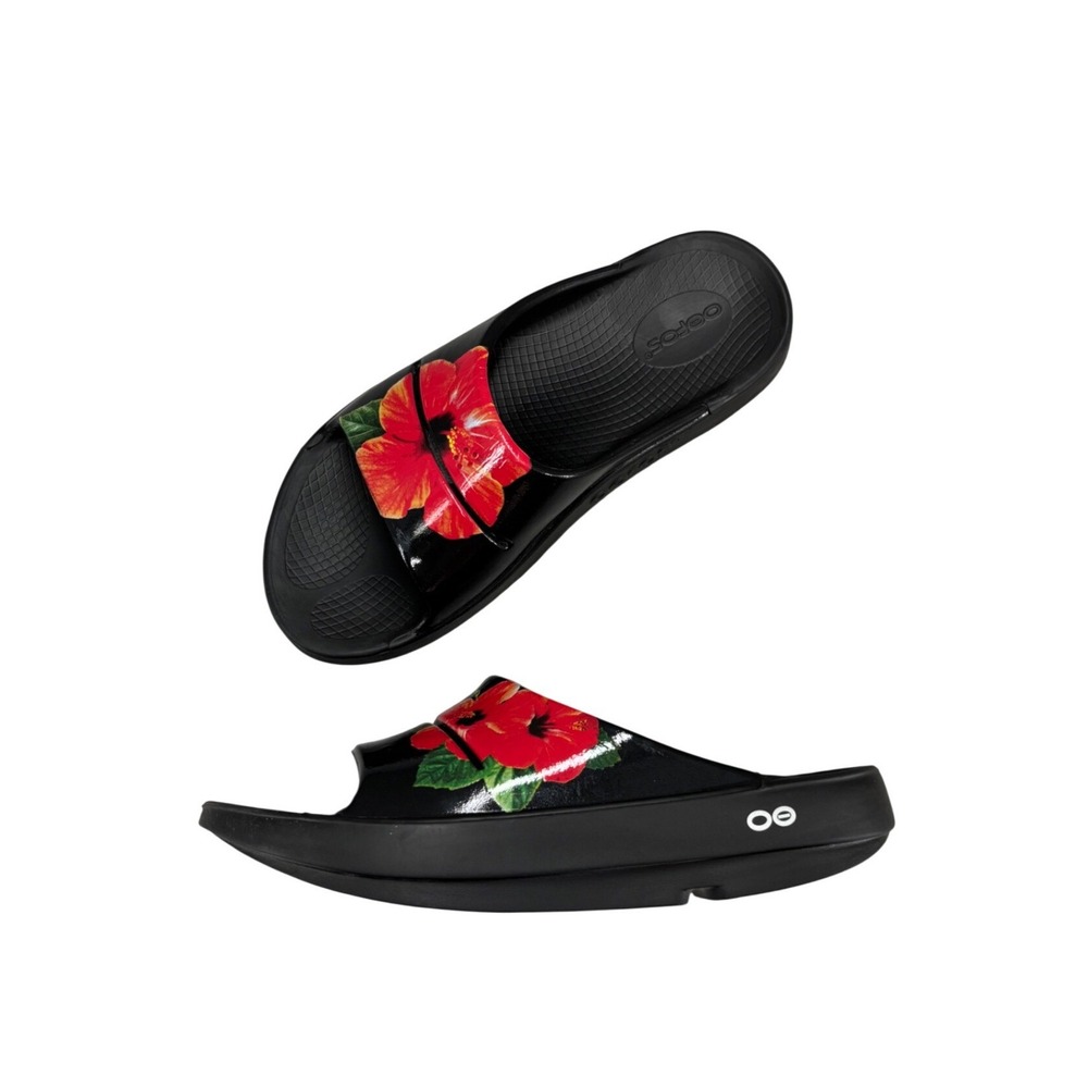 OOFOS OOahh Luxe Black Red Hibiscus Floral Recovery Slide Sandals Women's *